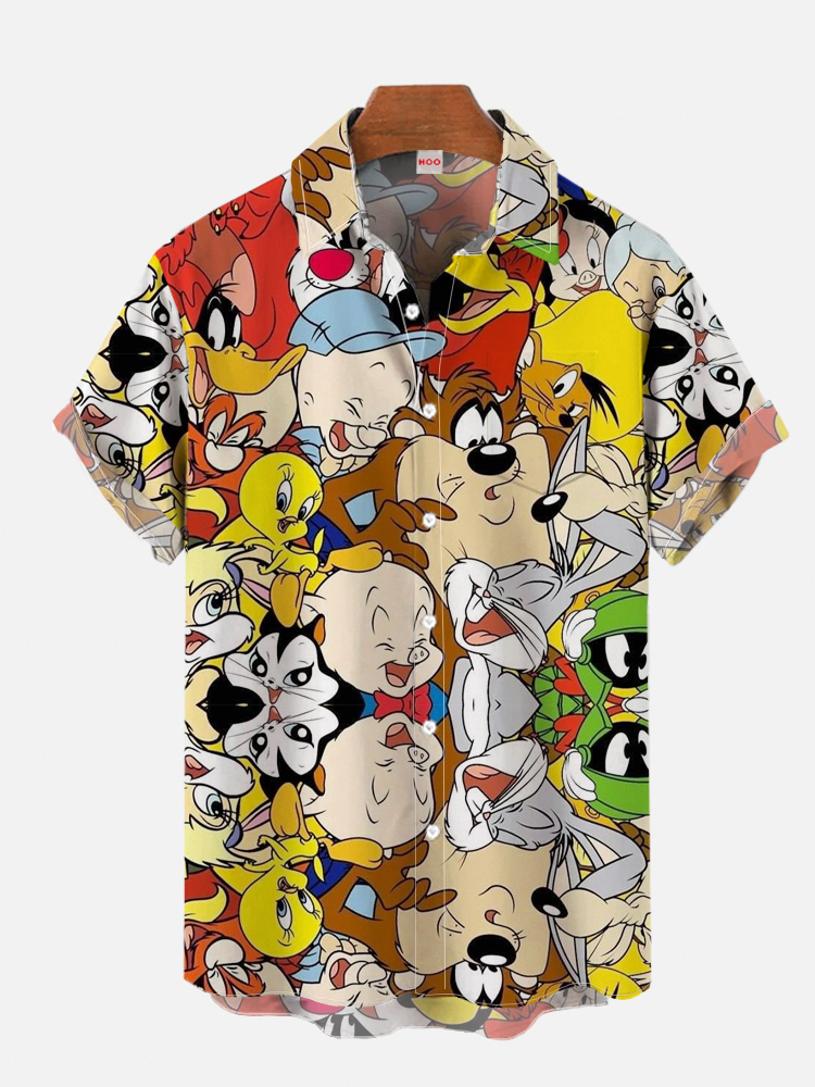  Cartoon Characters Stacked Printing Breast Pocket Short Sleeve Shirt