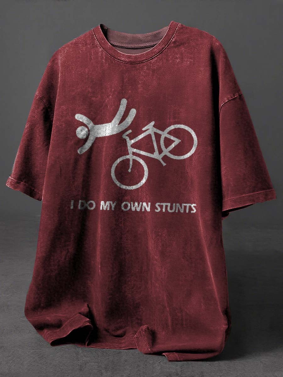 I Do My Own Stunts Print Retro Distressed Washed Cotton T-shirt