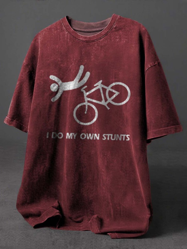 I Do My Own Stunts Print Retro Distressed Washed Cotton T-shirt