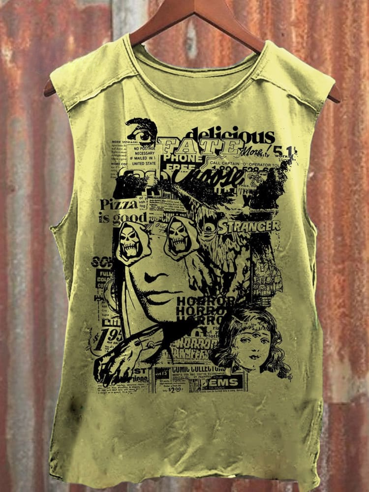 Unisex Retro Yellow Skull Girl Print Casual Tank Top