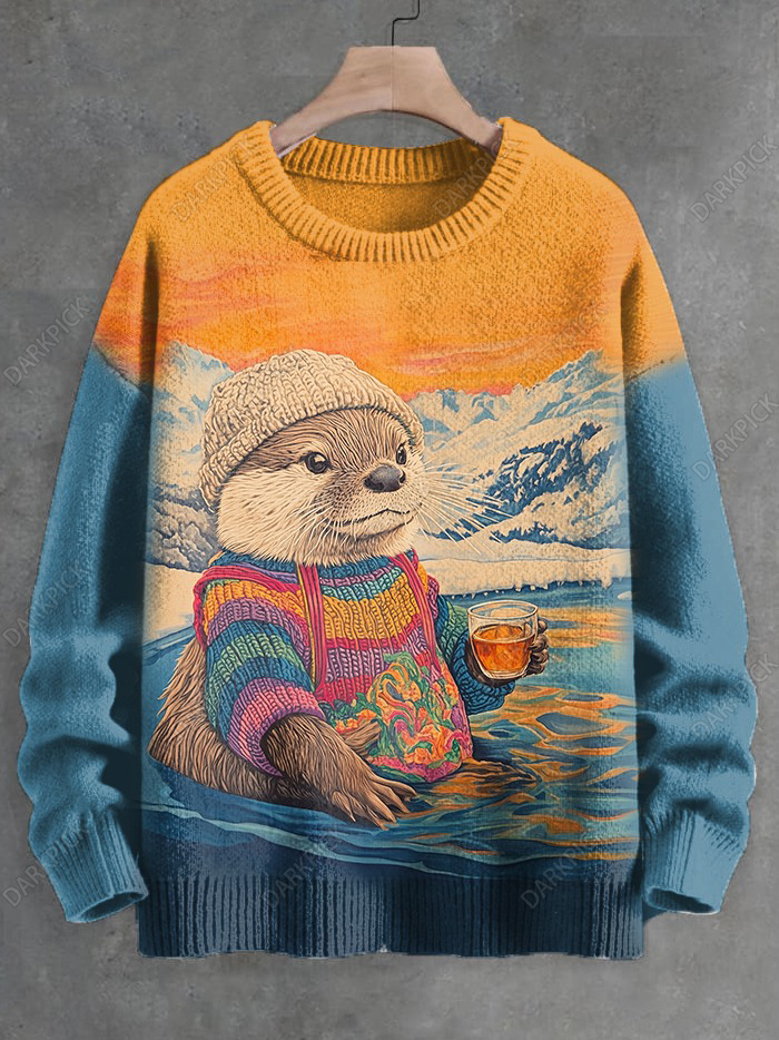 Men's Rainbow Sweater Otter Drinking Wine Glacier Art Print Knit Sweatshirt