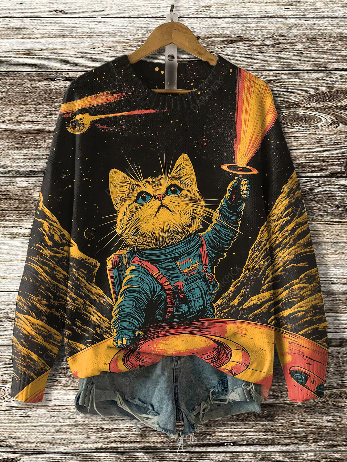 Women's Retro Cat Astronaut UFO Light Wave Art Knit Sweatshirt