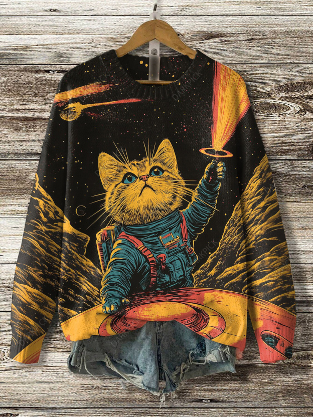 Women's Retro Cat Astronaut UFO Light Wave Art Knit Sweatshirt