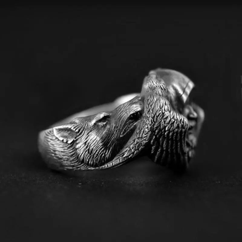 Mythology Odin Raven Wolf Stainless Steel Ring