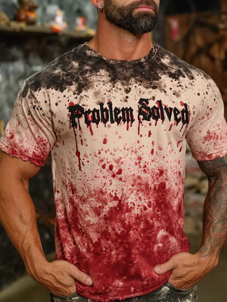Retro Bloody "problem Solved" Art Pattern Print Cotton Graphic T-shirt