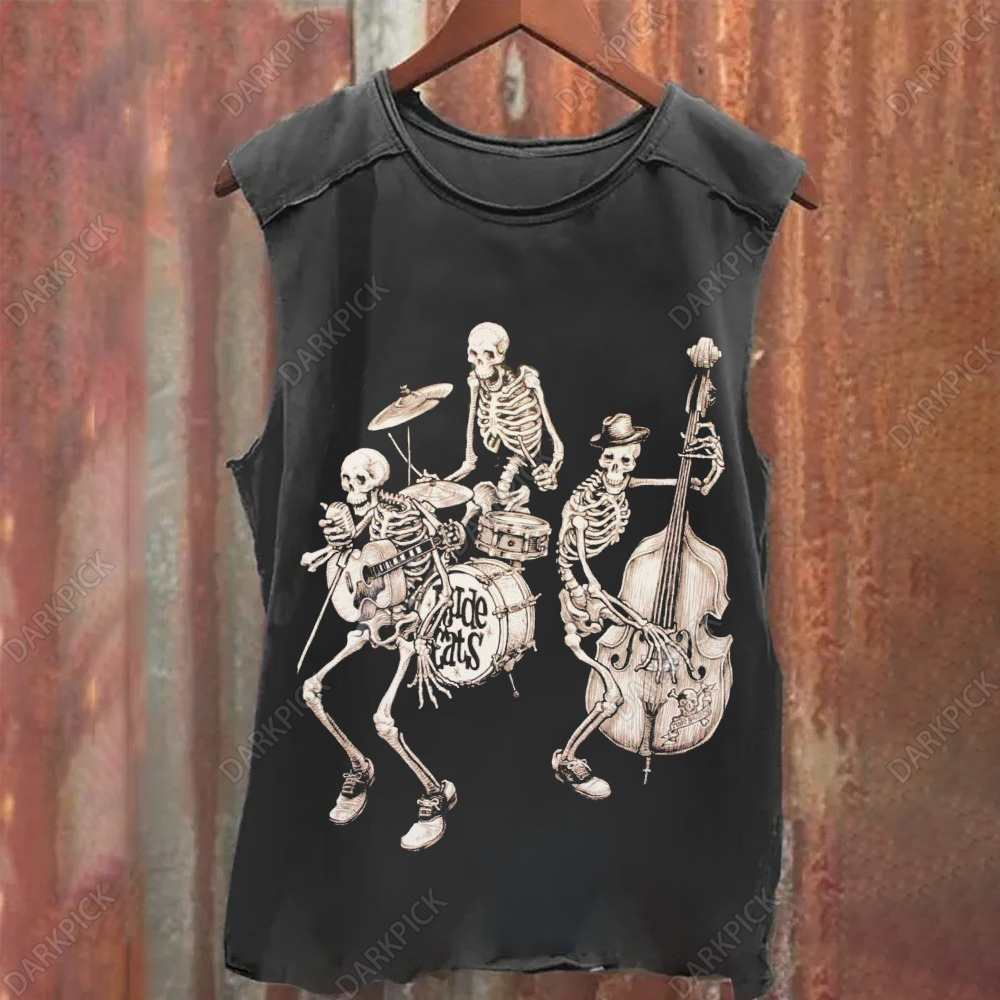 Unisex Vintage Washed Halloween Skull Rock Band Art Print Tank Top