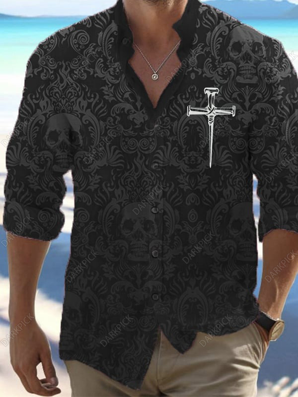 Men's Vintage Dark Skull Print Long Sleeve Shirt