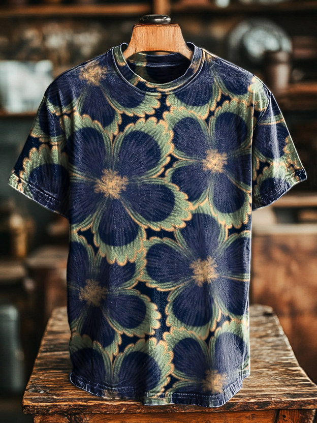 Unisex Retro Floral Abstract Print Casual Loose Short Sleeve T-Shirt