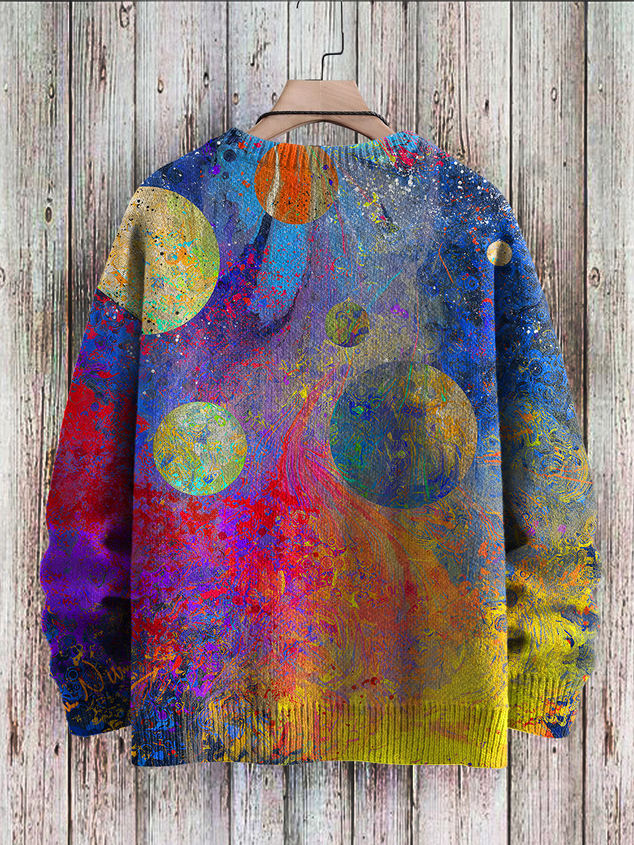 Multicolor Rainbow Gradient Blending Universe Art Print Knit Pullover Sweater