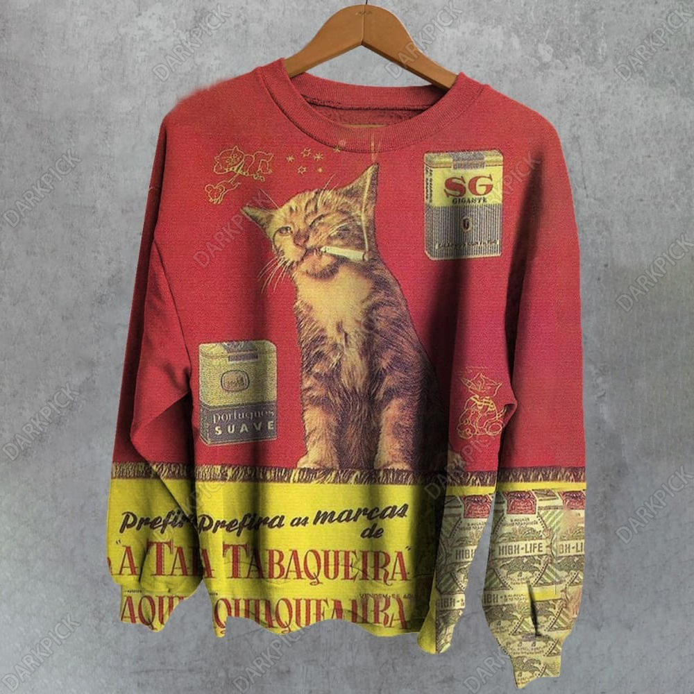 Retro Cat Smoking Print Casual Sweatshirt