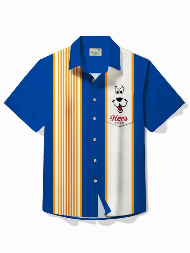 Royaura® Retro Beer Cartoon Stripe Print Men's Button Pocket Short Sle