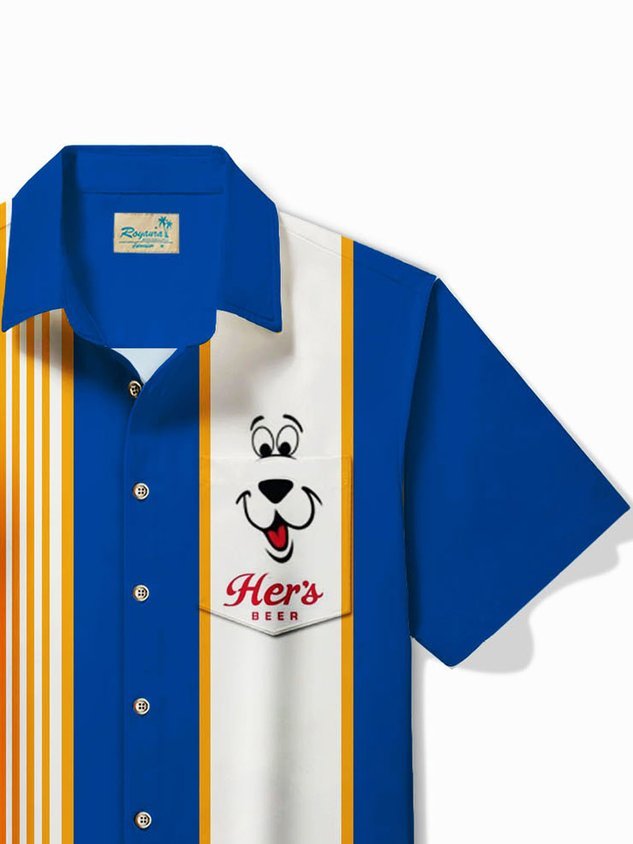 Darkpick® Retro Beer Cartoon Stripe Print Men's Button Pocket Short Sleeve Shirt