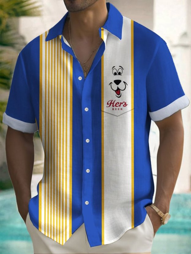 Darkpick® Retro Beer Cartoon Stripe Print Men's Button Pocket Short Sleeve Shirt