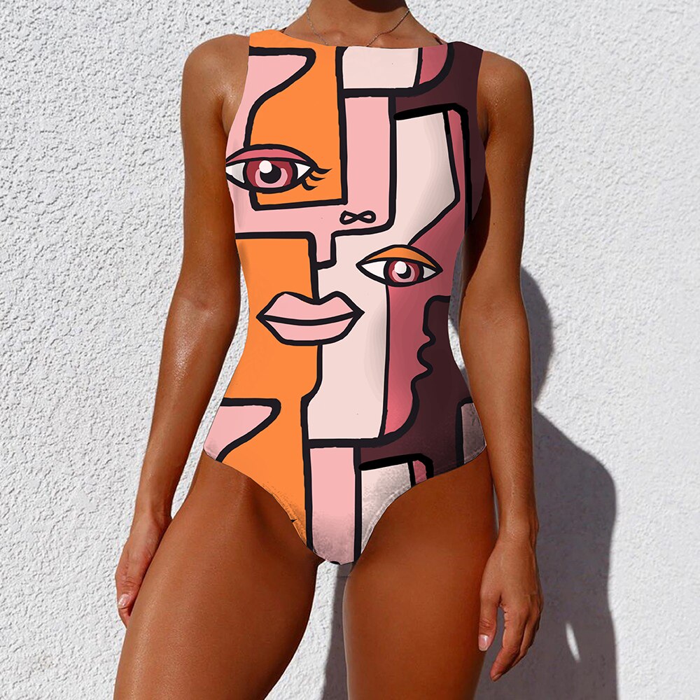 Print One Piece Swimsuit 2021 New Push Up Swimwear Women Vintage Retro Bathing Suits Bodysuit Beach Wear Backless Monokini