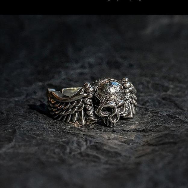 Retro Distressed Punk Style Thai Silver Hip-hop Personality Wing Skull Open Ring