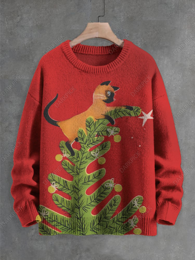 Women's Christmas Tree Cat Print Knit Sweatshirt