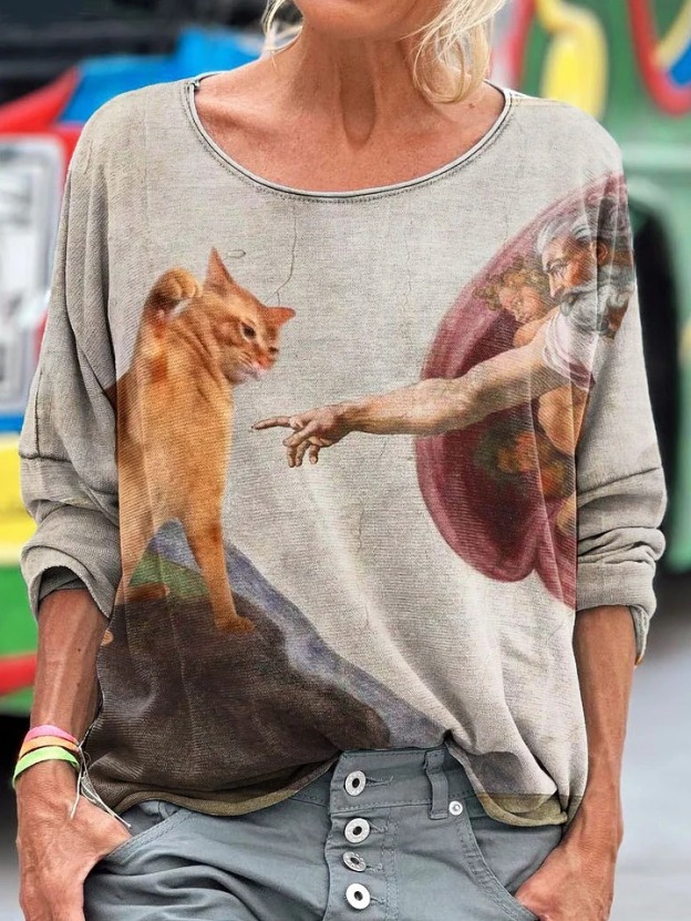 Vintage Funny Cat Art Print Casaul Short Sleeve T-shirt