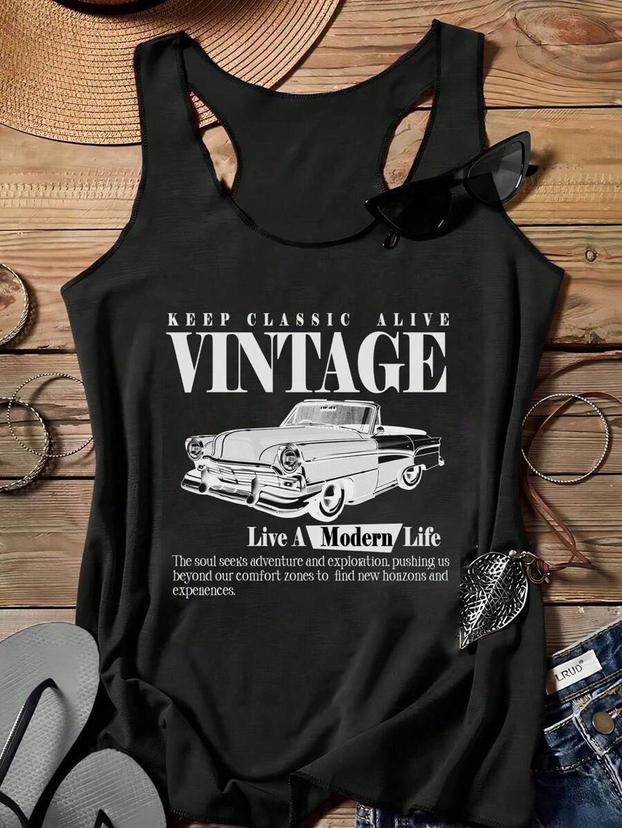 Vintage Women's Casual Retro Car Pattern Tank Top
