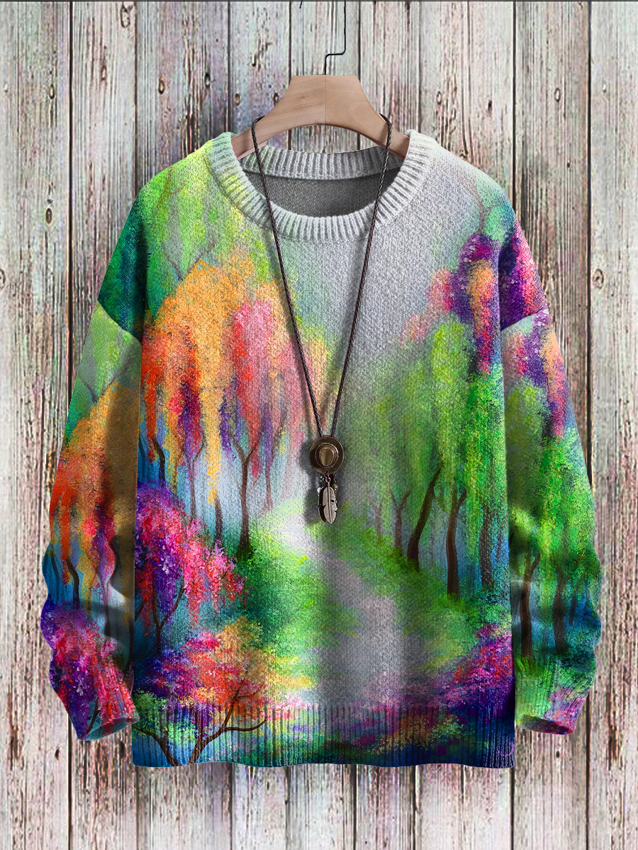 Multicolor Rainbow Forest Art Print Knit Pullover Sweater