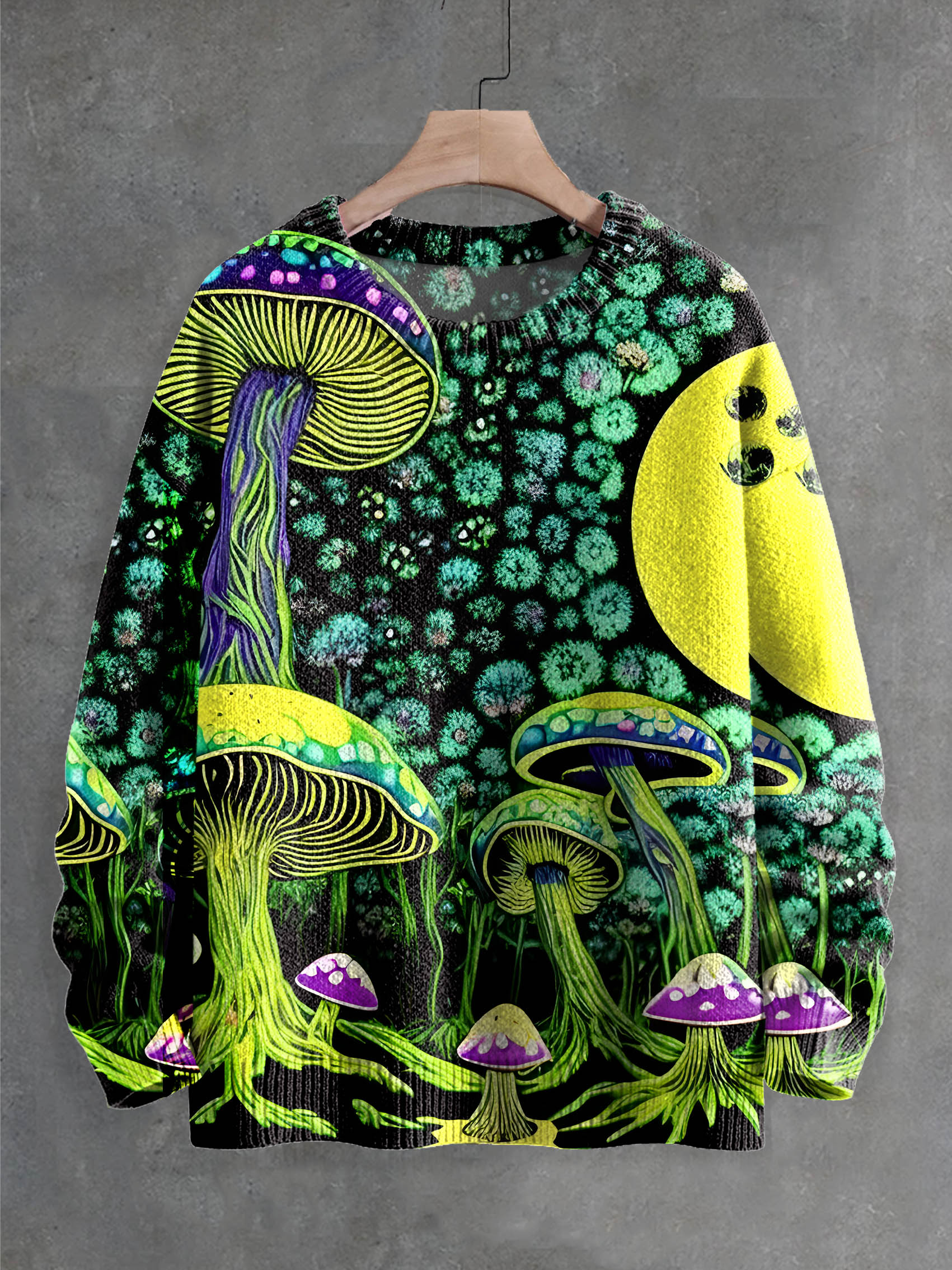Retro Dark Mushroom Fantasy Multicolor Art Print Knit Pullover Sweater