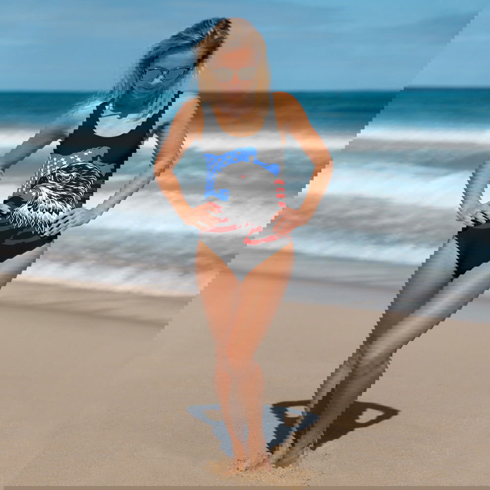 Bathing Suit America Eagle Flag / Also Plus Size Swimwear / Black Swimsuit