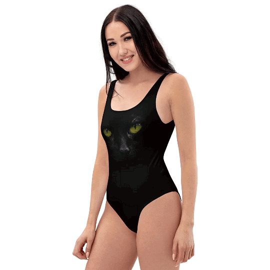 Black One Piece Swimsuit / For Cat Lovers / With Print Of A Black Cat / Extra Small To Plus Size