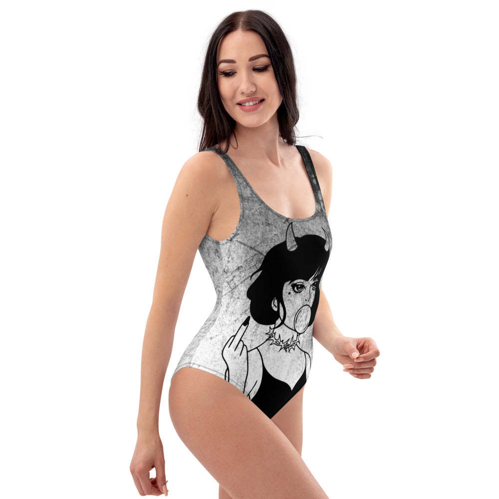 Goth One-Piece Swimsuit For Naughty Goth Girl / Girl With Middle Finger, Horn And Bubble Gum