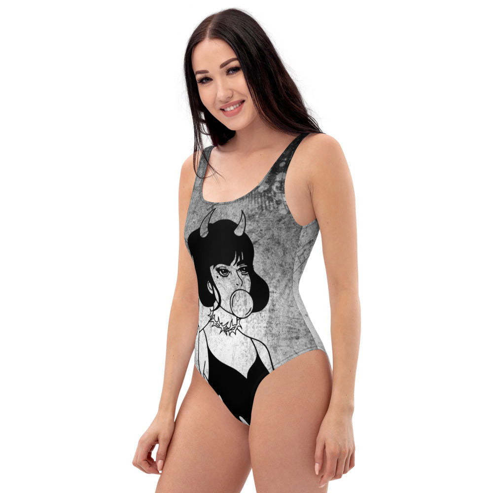 Goth One-Piece Swimsuit For Naughty Goth Girl / Girl With Middle Finger, Horn And Bubble Gum
