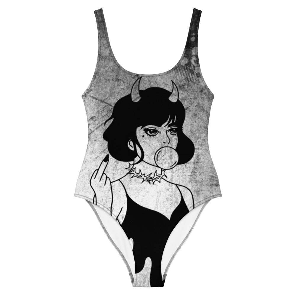 Goth One-Piece Swimsuit For Naughty Goth Girl / Girl With Middle Finger, Horn And Bubble Gum