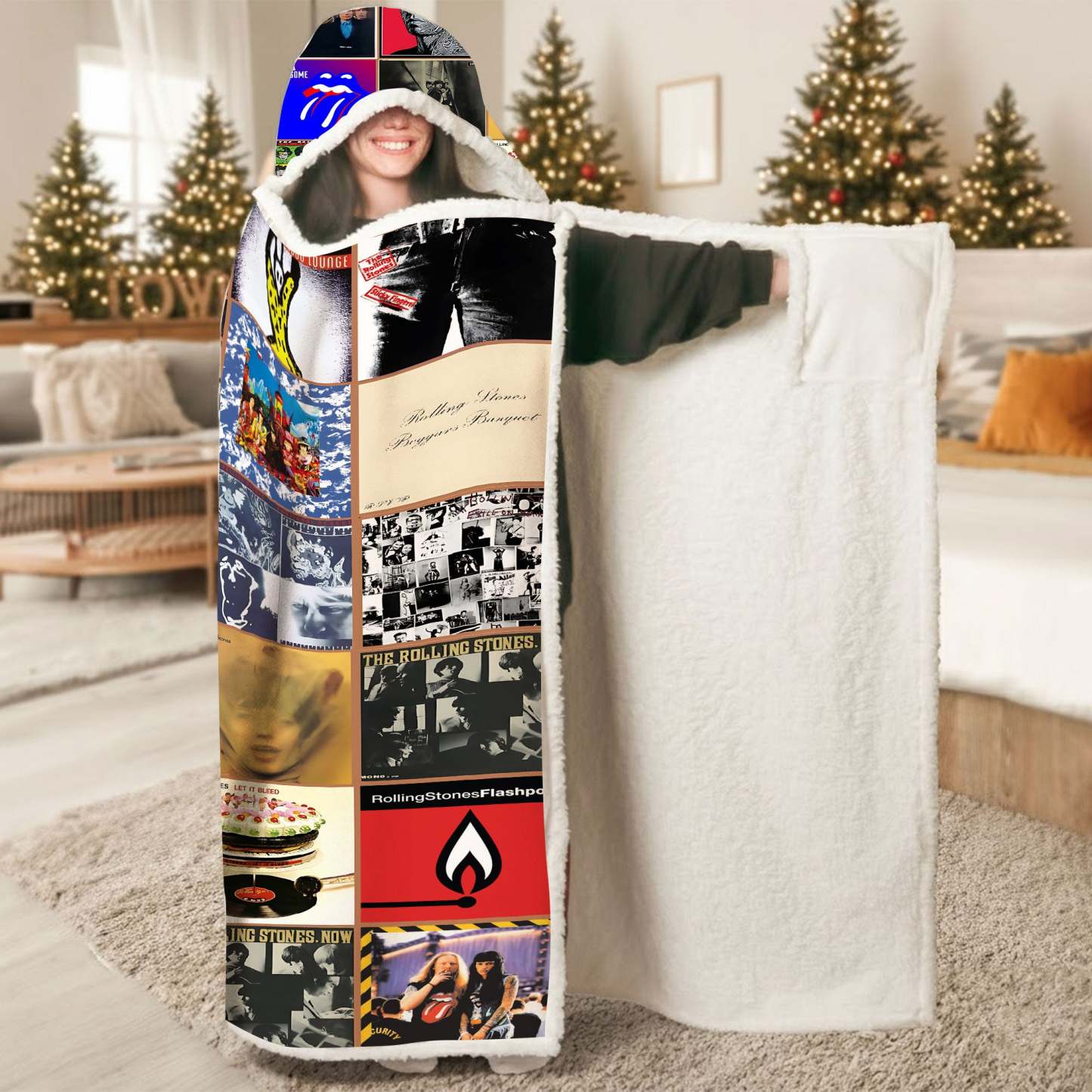 Rolling Stones Wearable Hooded Blanket – Classic Album Cover Collage Gift