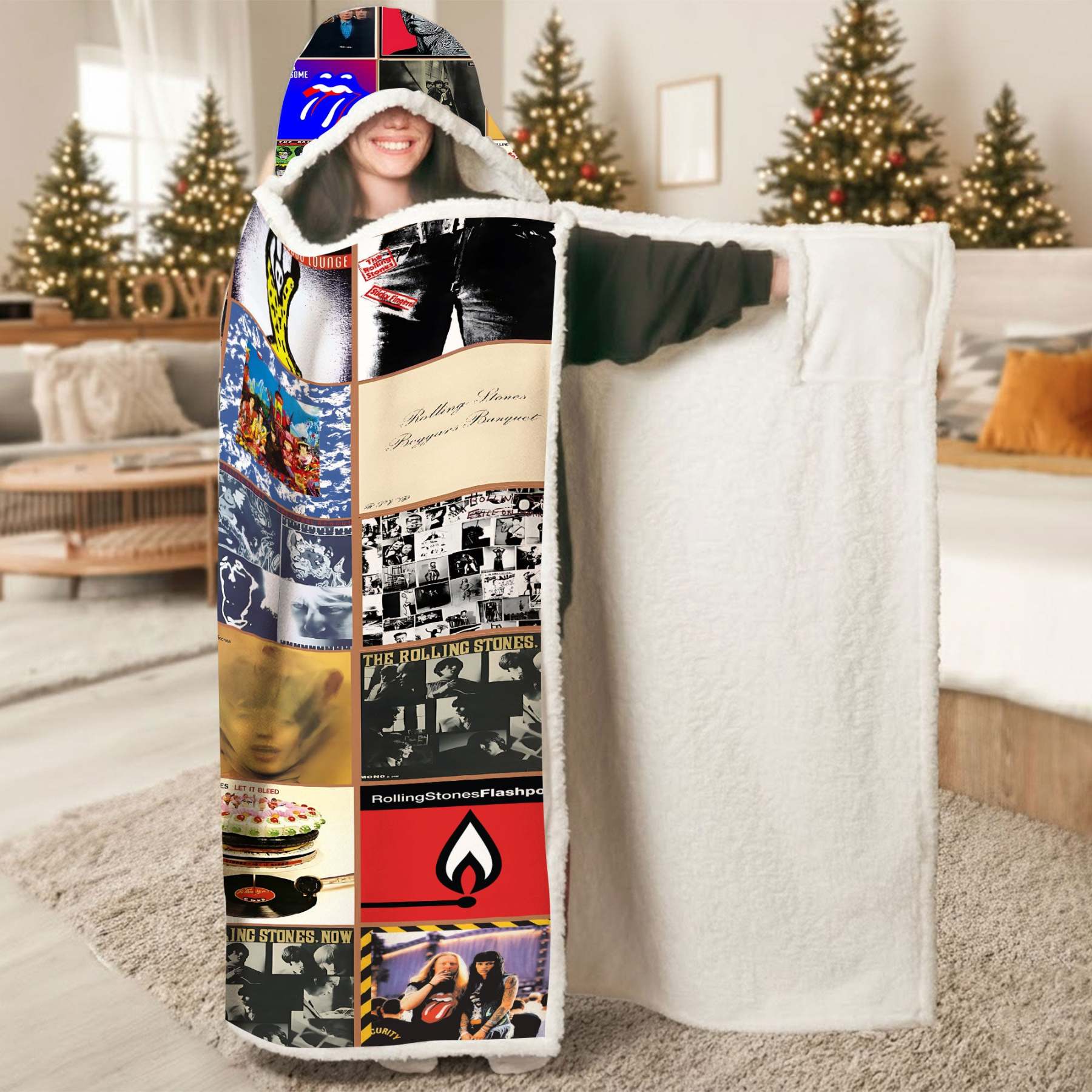 Rolling Stones Wearable Hooded Blanket – Classic Album Cover Collage Gift