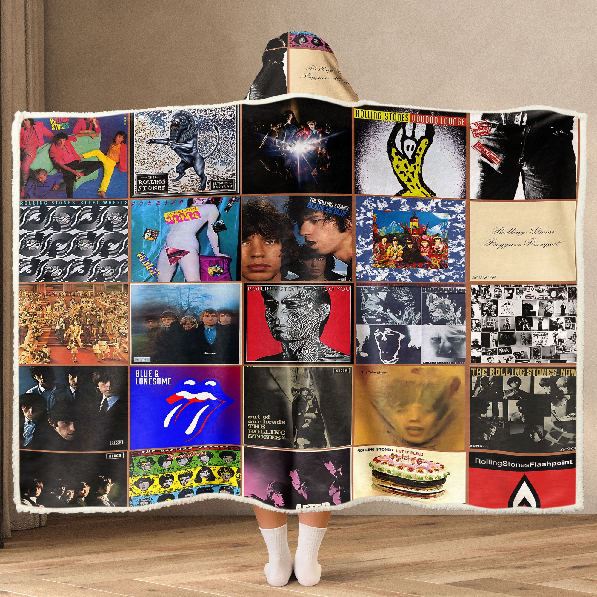 Rolling Stones Wearable Hooded Blanket – Classic Album Cover Collage Gift