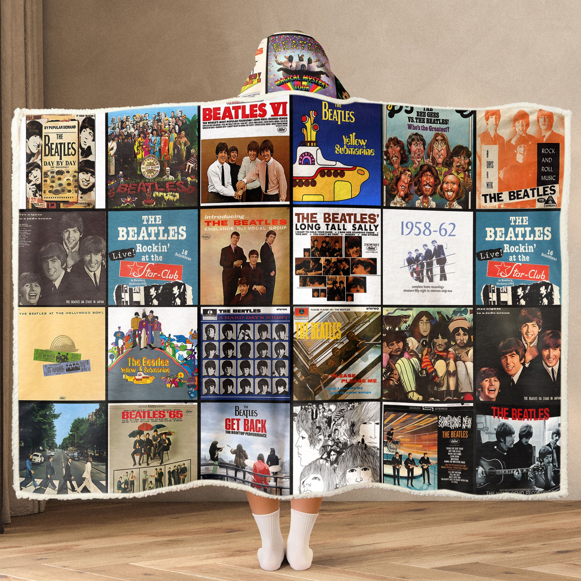 The Beatles Album Collage Wearable Hooded Blanket – Retro Rock Comfort for True Fans