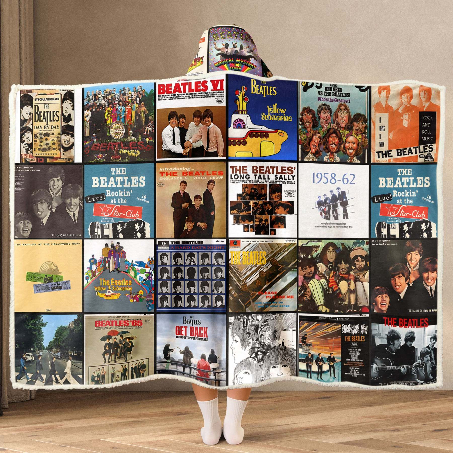 The Beatles Album Collage Wearable Hooded Blanket – Retro Rock Comfort for True Fans