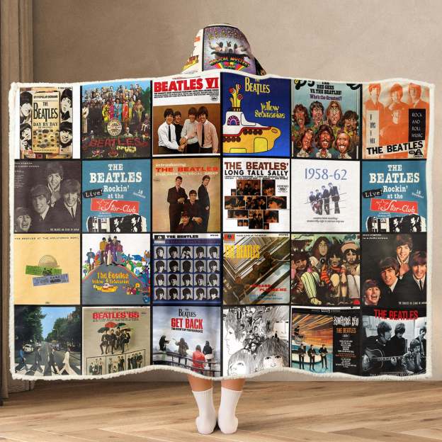 The Beatles Album Collage Wearable Hooded Blanket – Retro Rock Comfort for True Fans