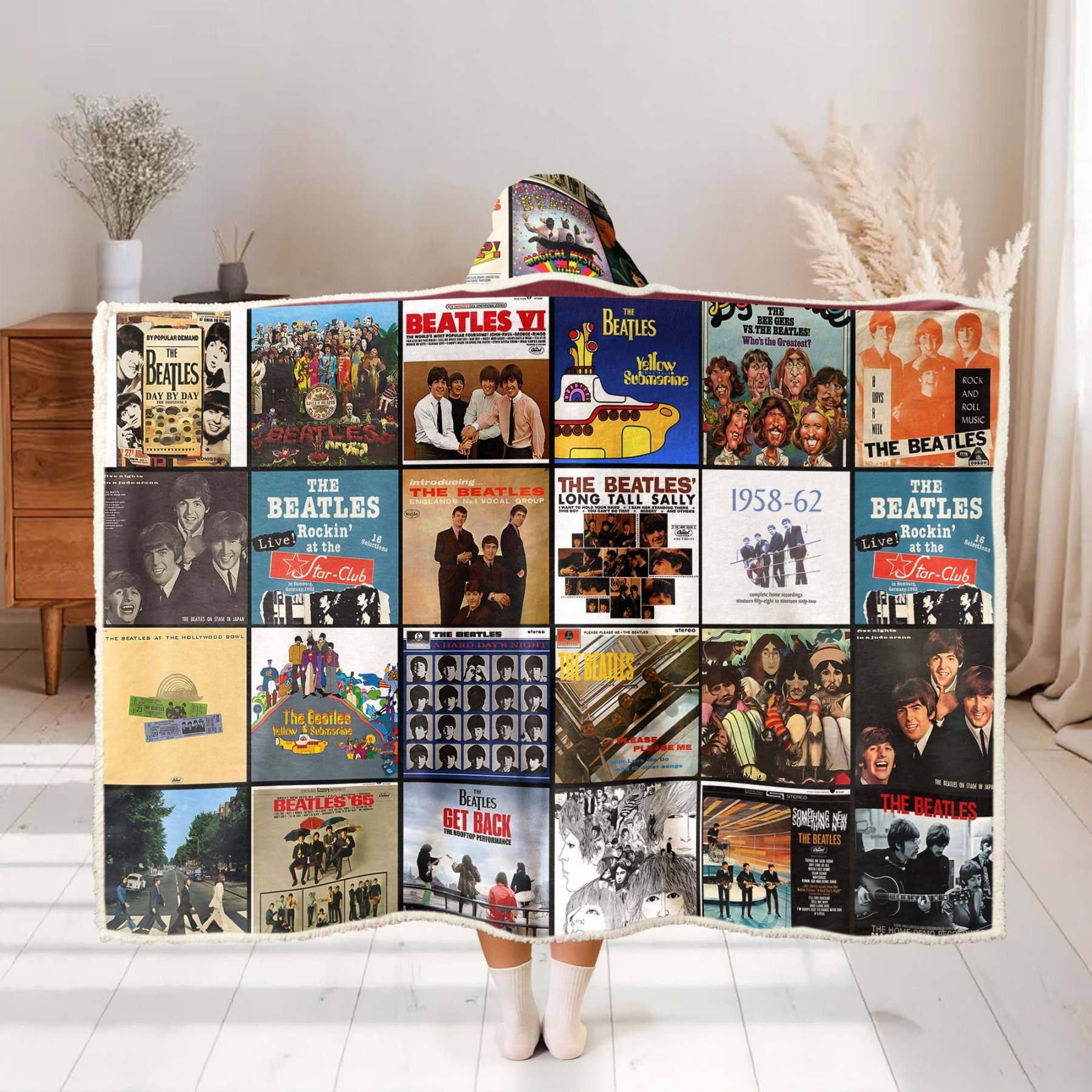 The Beatles Album Collage Wearable Hooded Blanket – Retro Rock Comfort for True Fans