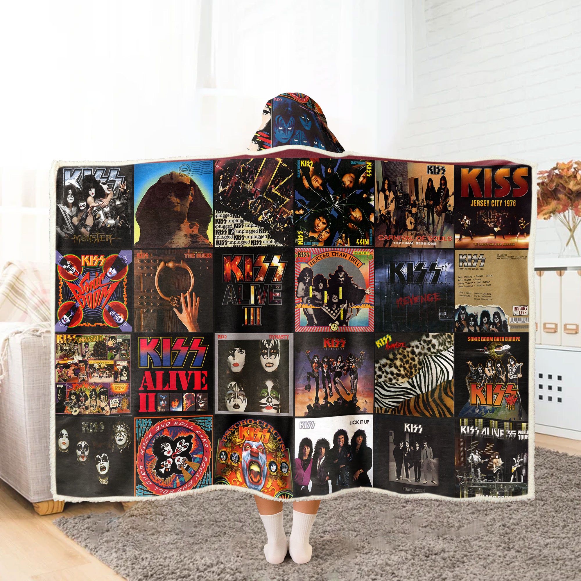 KISS Album Collage Wearable Hooded Blanket – Retro Rock Legends Cozy Throw