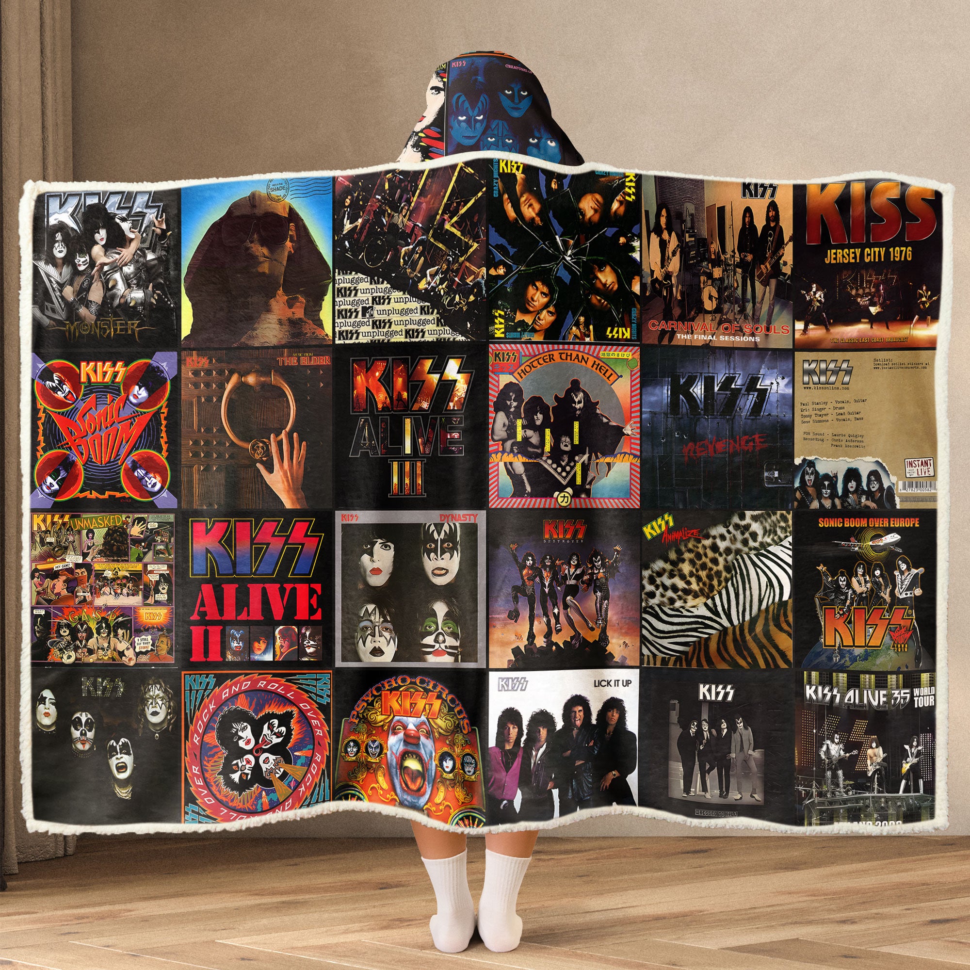 KISS Album Collage Wearable Hooded Blanket – Retro Rock Legends Cozy Throw