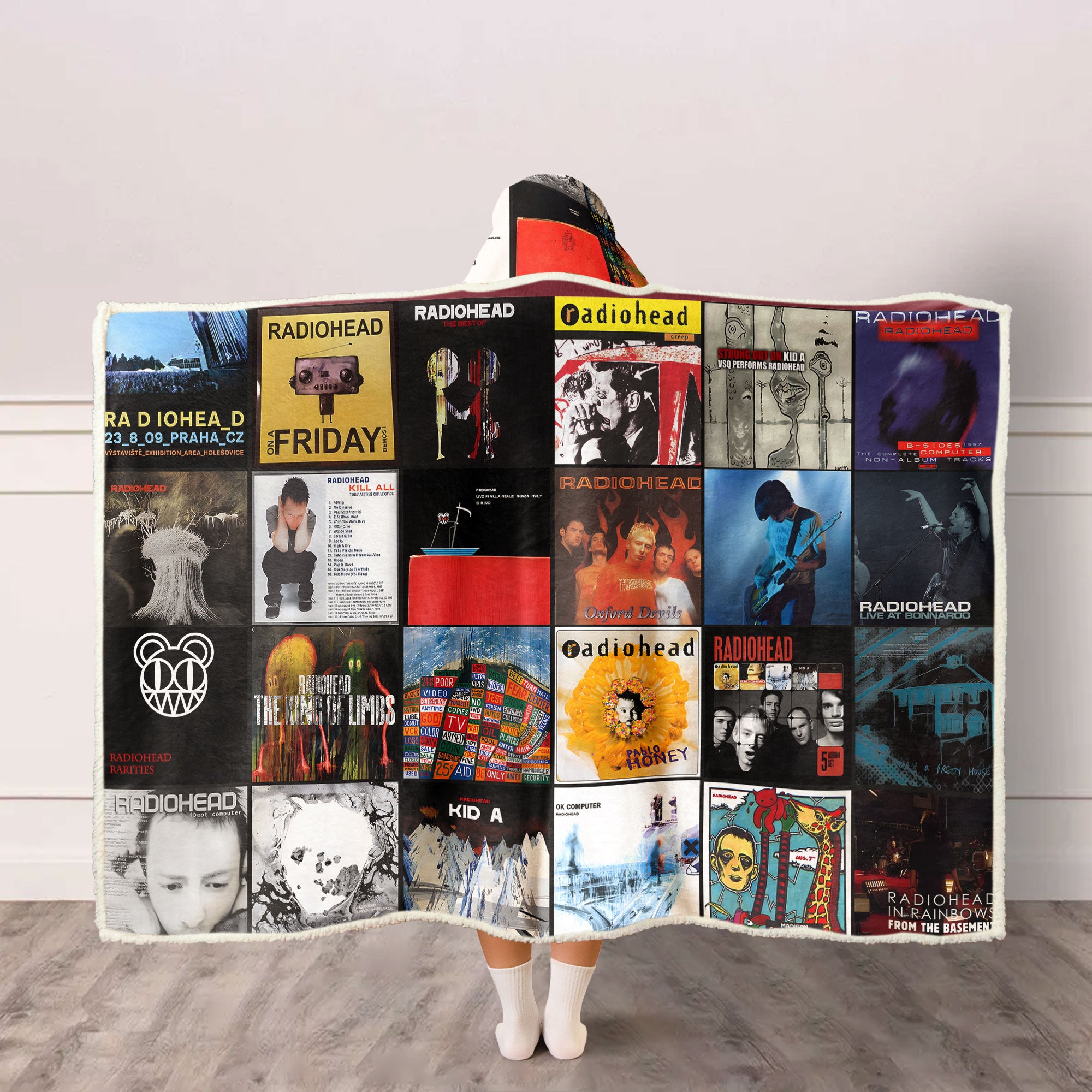 Radiohead Album Collage Wearable Hooded Blanket – Alternative Rock Cozy Throw for Music Lovers