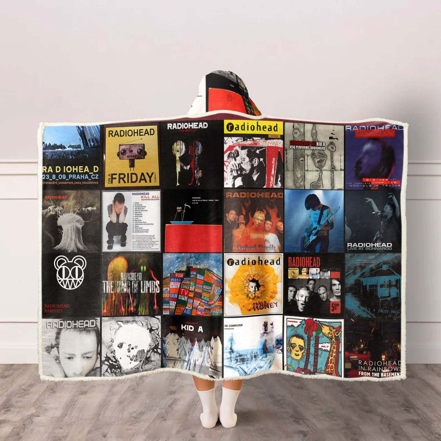 Radiohead Album Collage Wearable Hooded Blanket – Alternative Rock Cozy Throw for Music Lovers