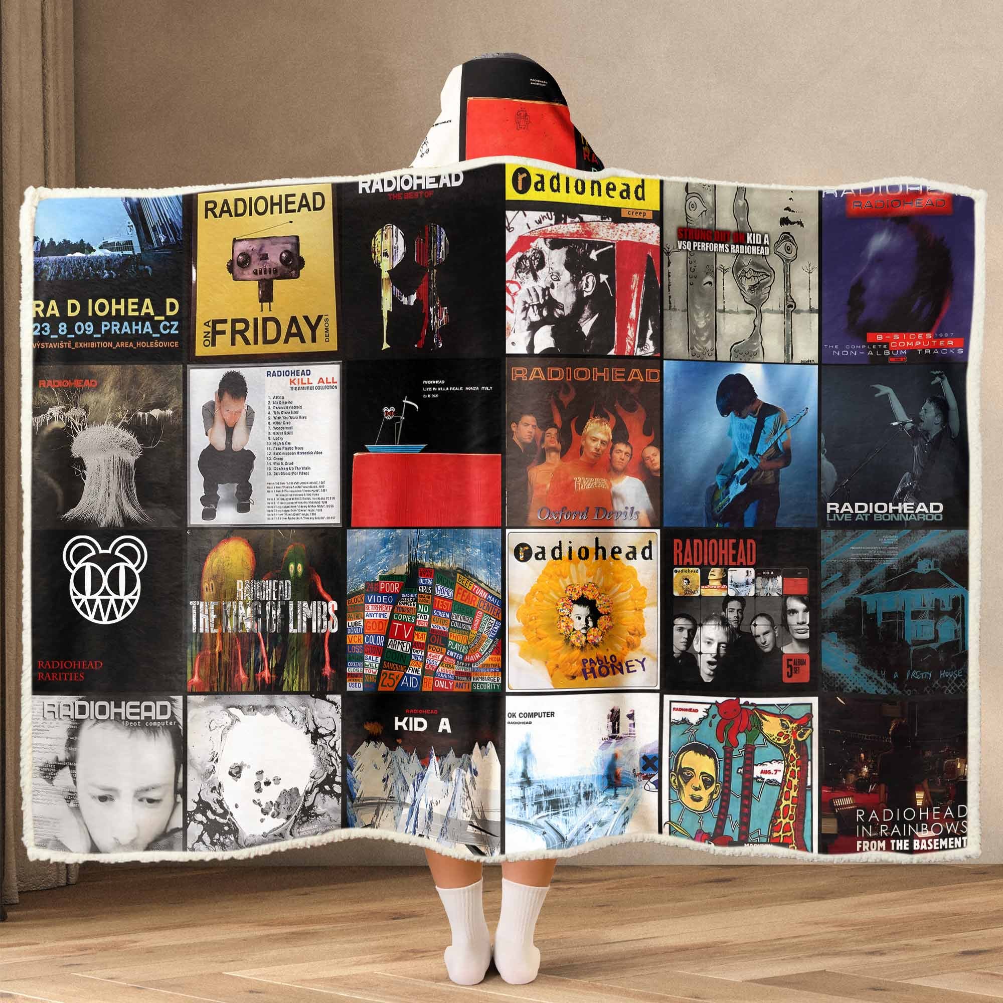 Radiohead Album Collage Wearable Hooded Blanket – Alternative Rock Cozy Throw for Music Lovers