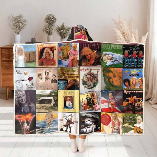Dolly Parton Album Collage Wearable Hooded Blanket – Cozy Country Music Throw for Fans