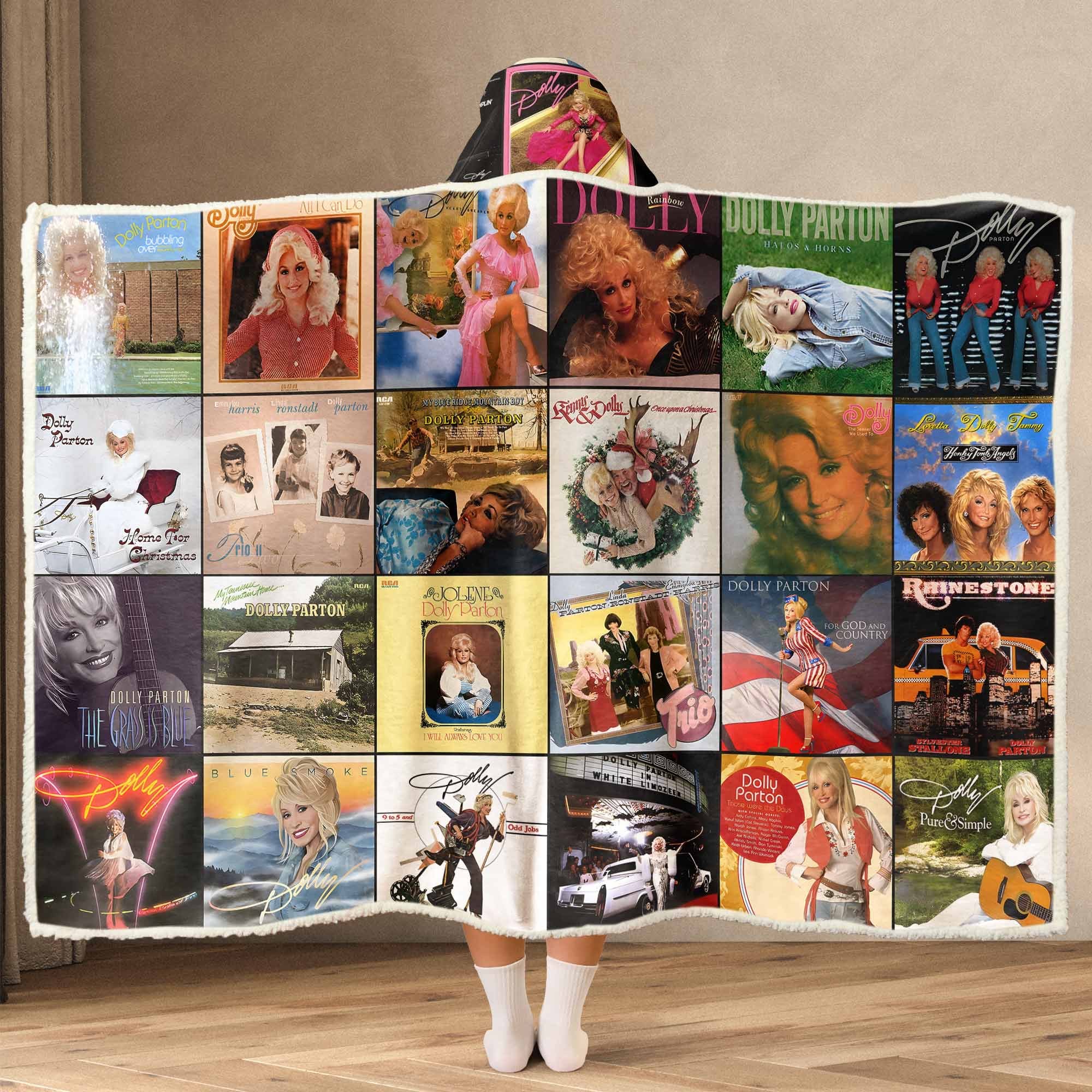 Dolly Parton Album Collage Wearable Hooded Blanket – Cozy Country Music Throw for Fans
