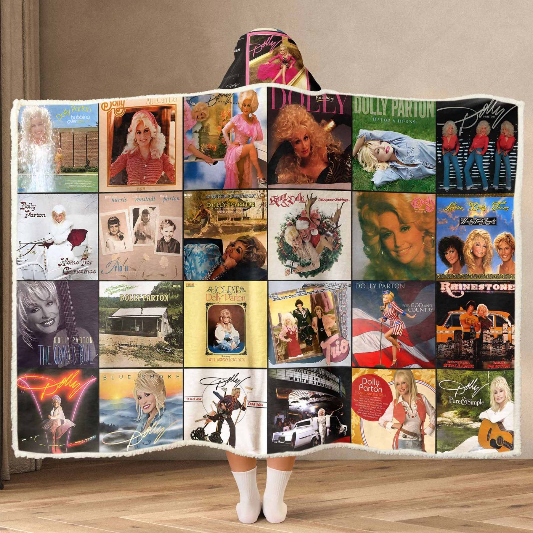 Dolly Parton Album Collage Wearable Hooded Blanket – Cozy Country Musi