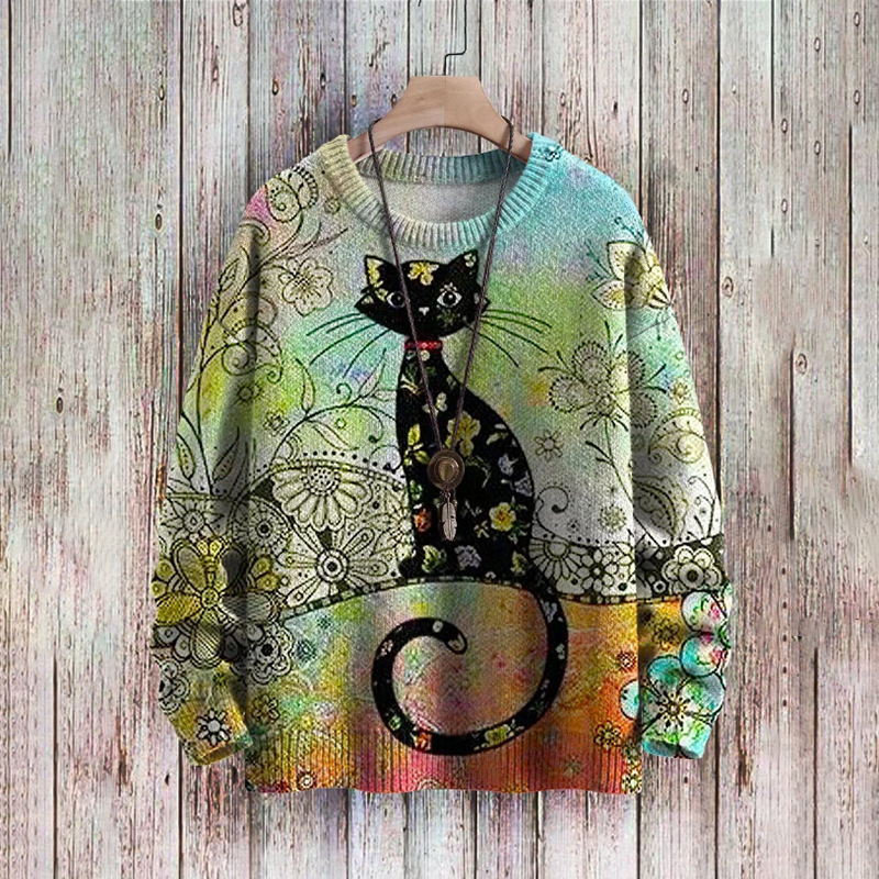 Floral Black Cat Printed Long-Sleeved Sweater