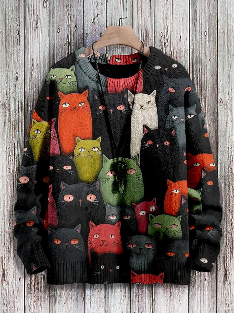 Cat Printed Long-Sleeved Sweater