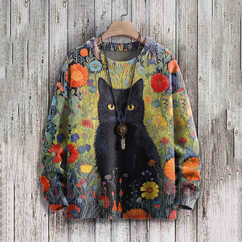 Black Cat And Flowers Printed Long-Sleeved Sweater