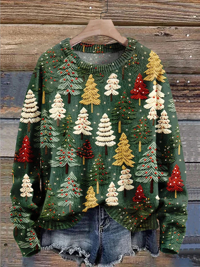 Christmas Tree Printed Long-Sleeved Sweater