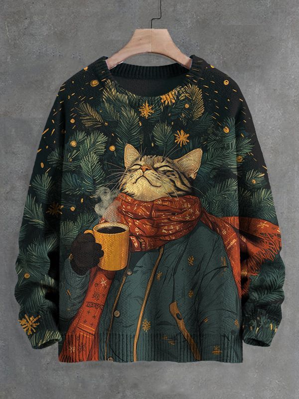 Cat Drinking Tea Printed Sweaters