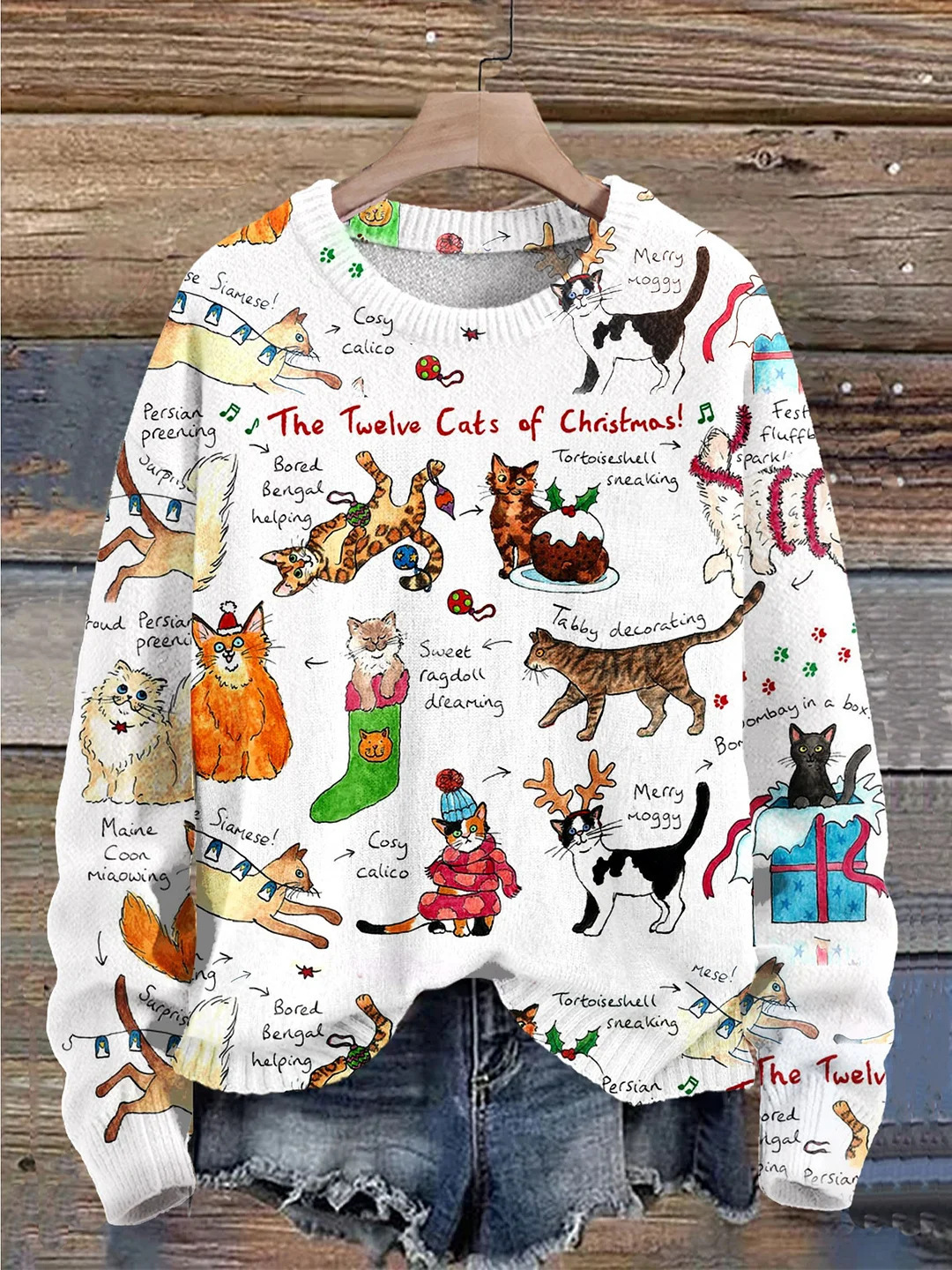 The Twelve Cats Of Christmas Printed Long-Sleeved Sweater